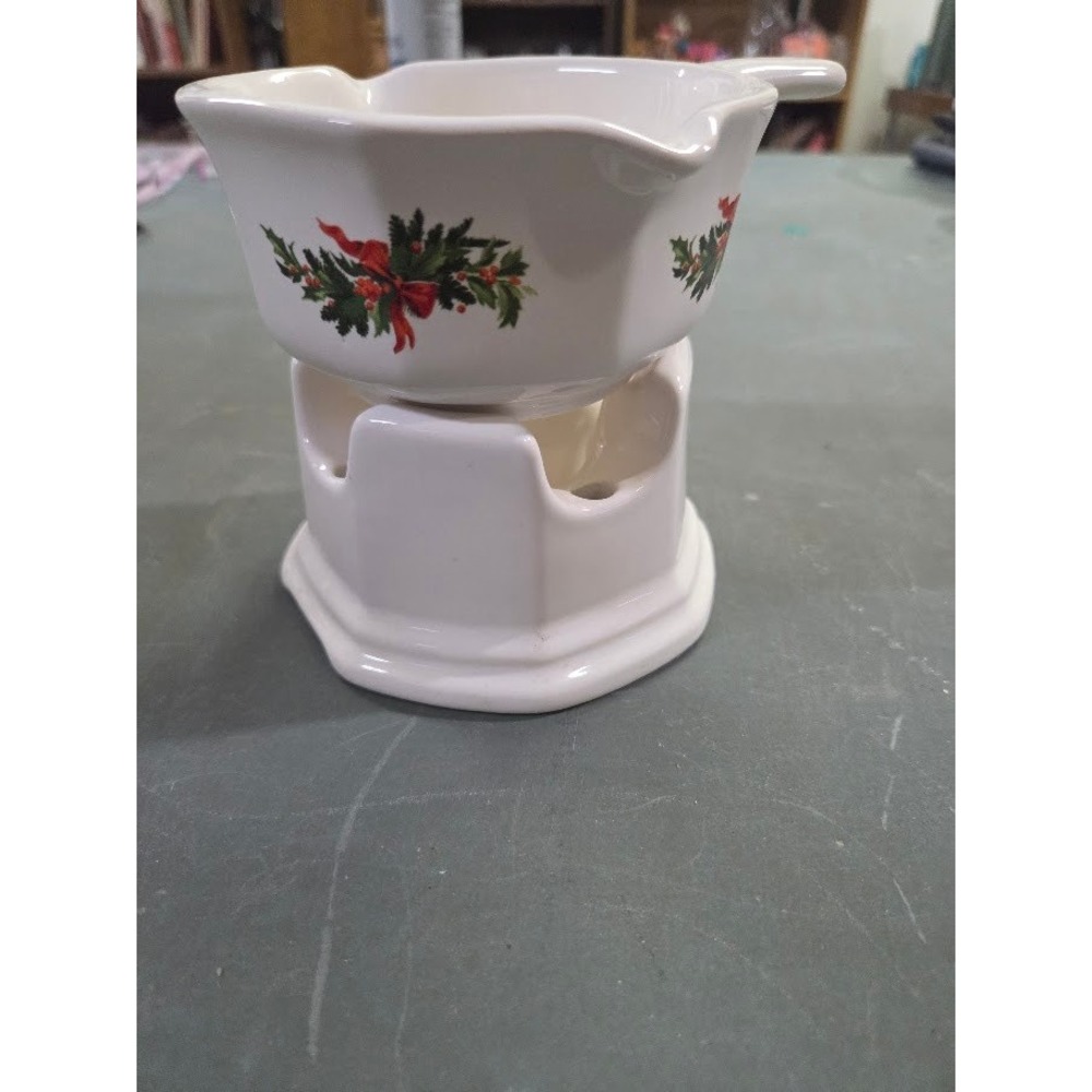 Pfaltzgraff Christmas Holly Ceramic Butter Warmer with Stand White